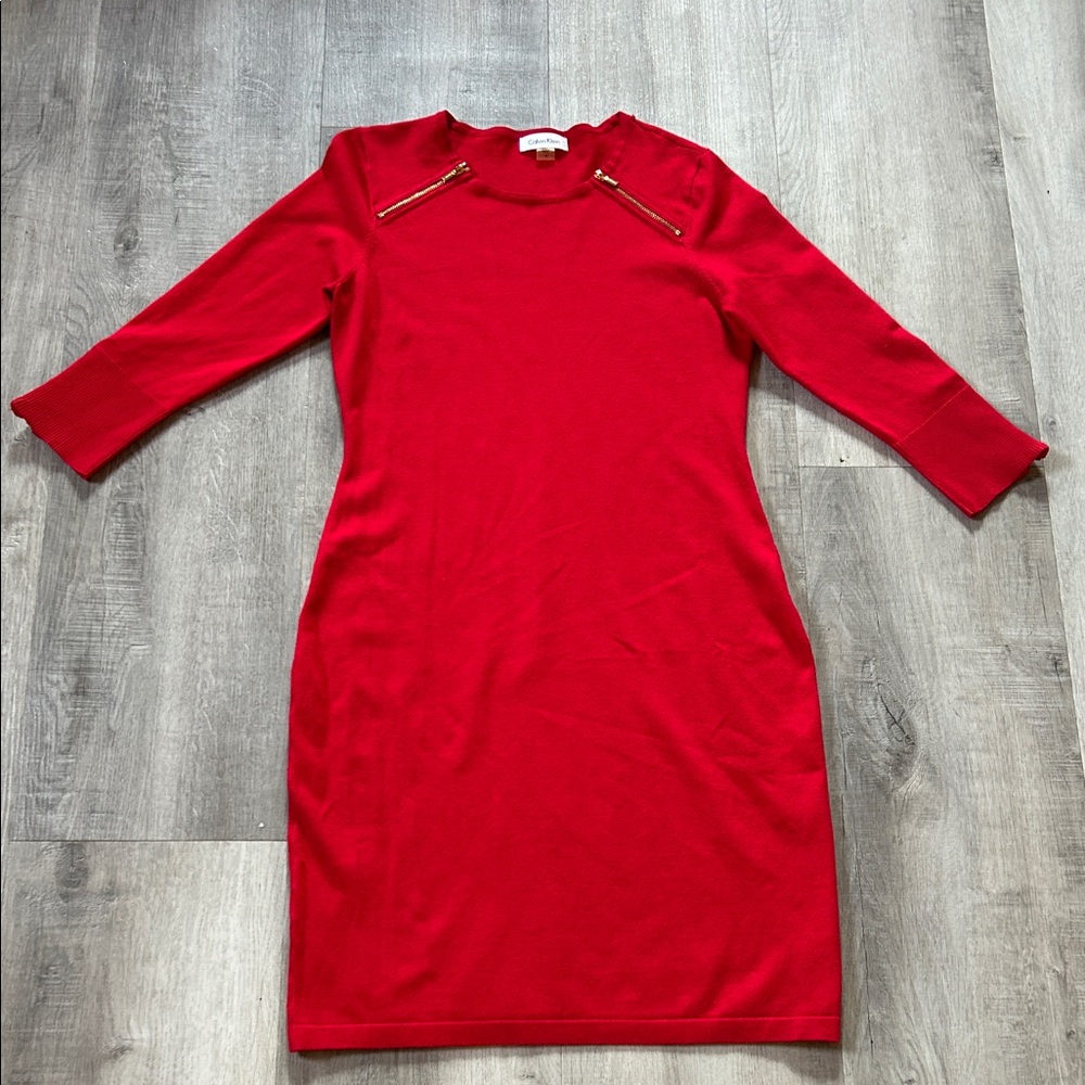 Calvin Klein Red Dress with Gold Zipper Details Sz Medium